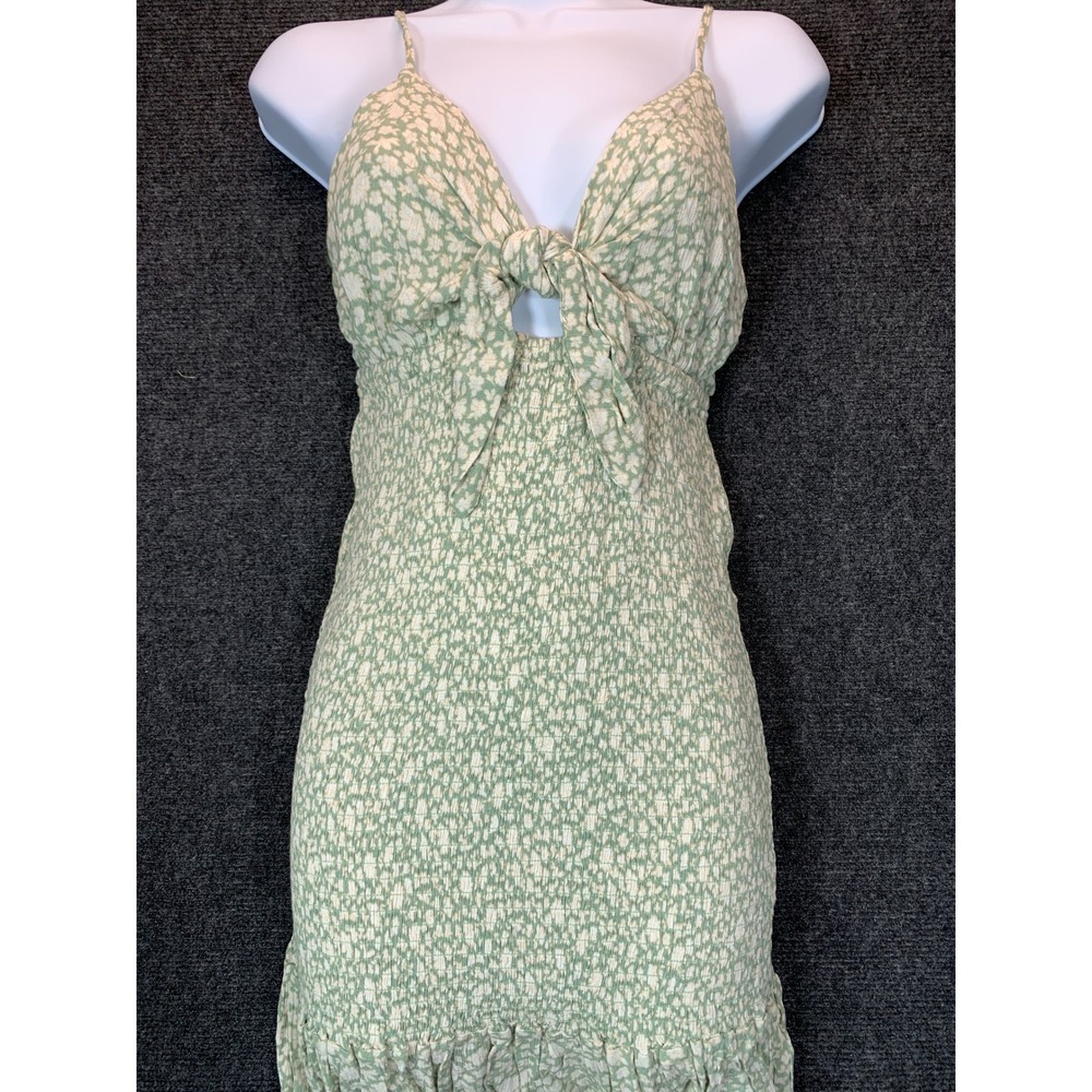 Y2K Floral Mini Dress M Green Milkmaid Cottage Boho Smocked Tie Peasant Babydoll